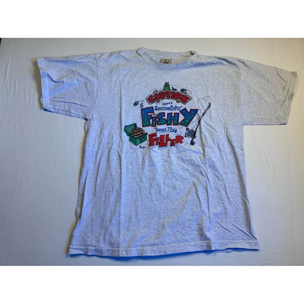 Vintage Alore Men's XL Fishing Graphic T-Shirt Gray Something Fishy Single Stich